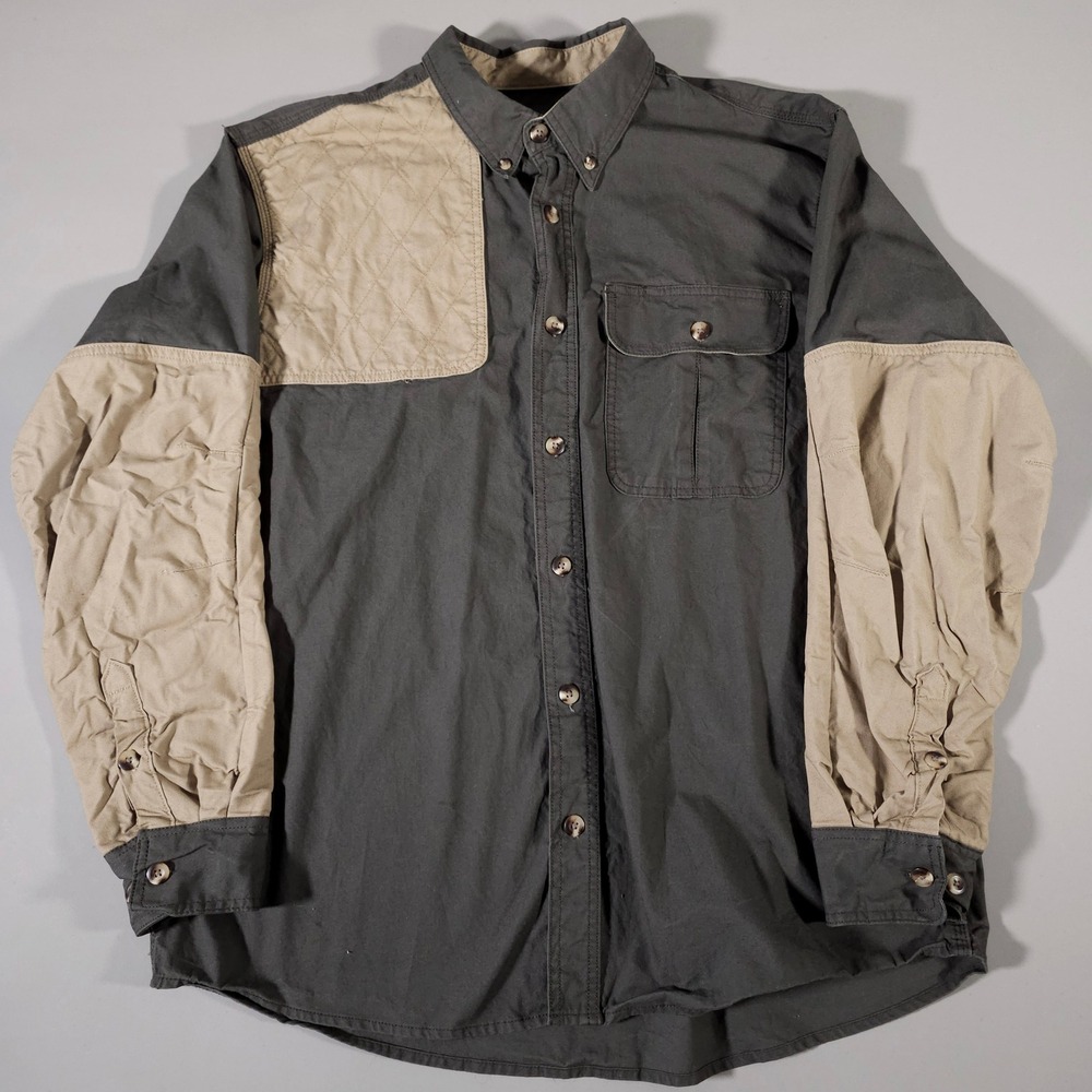Cabela's Shooting Shirt Mens XL Gray Tan Quilted Patch Long Sleeve M68SH010